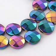 Electroplate Non-magnetic Synthetic Hematite Flat Round Bead Strands, Faceted, Multi-color Plated, 10x4mm, Hole: 1mm, about 37pcs/strand, 15.35 inch(G-L368-05E)