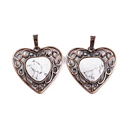 Natural Howlite Peach Love Heart Pendants, Rack Plating Brass Hollow Heart Charms, Cadmium Free & Lead Free, Red Copper, 29.5x30.5x7.5mm, Hole: 7.5x5mm(G-G158-01-05)