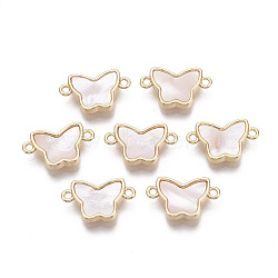 Brass Links, with Freshwater Shell, Nickel Free, Butterfly, Real 18k Gold Plated, Seashell Color, 9.5x16x3mm, Hole: 1.4mm(KK-R134-039-NF)