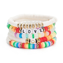 Handmade Polymer Clay Heishi Beads Stretch Bracelets Set, Glass Round Beads Bracelets, Smiling Face Love Word Acrylic Beads Bracelets for Women, Mixed Color, Inner Diameter: 2-1/4 inch(5.6cm), 5pcs/set(BJEW-JB07389)
