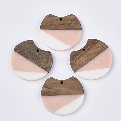 Two Tone Resin & Walnut Wood Pendants, Gap Flat Round, Misty Rose, 33~34x37x3~4mm, Hole: 1.8~2mm(RESI-Q210-011A-B04)