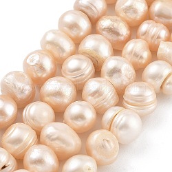 Natural Cultured Freshwater Pearl Beads Strands, Potato, Light Salmon, 9~10mm, Hole: 0.6mm, about 19~20pcs/strand, 6.10~6.50 (15.5~16.5cm)(PEAR-C003-14B)