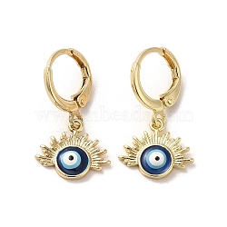 Evil Eye Real 18K Gold Plated Brass Dangle Leverback Earrings, with Enamel, Prussian Blue, 25x13.5mm(EJEW-Q797-25G)