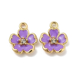 Alloy Enamel Pendants, with Rhinestone, Golden, Flower Charm, Medium Purple, 16x12.5x3mm, Hole: 1.8mm(ENAM-D063-01G-06)