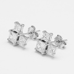 925 Sterling Silver Stud Earrings, with Cubic Zirconia, Three Square, Platinum, 9x10x3mm, Pin: 0.7mm(STER-N0003-046)