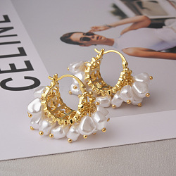 Brass Hoop Earrings for Women, with Plastic Imitation Pearl, Real 22K Gold Plated, 21x35mm(EJEW-Q391-16G)