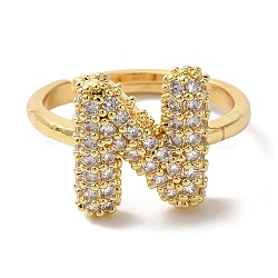 Rack Plating Letter Brass Micro Pave Clear Cubic Zirconia Adjustable Rings for Women, Real 18K Gold Plated, Letter N, 13.5x12mm, Inner Diameter: 17mm(KK-S391-03G-N)