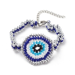 Glass Seed Braided Evil Eye Link Bracelet for Women, Stainless Steel Color, 7-1/4 inch(18.5cm)(BJEW-JB08398-01)