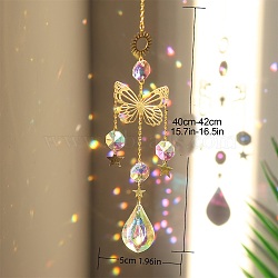 Crystal Glass & Brass & Iron Sun Catcher Pendant, Rainbow Maker, DIY Garden & Home Decoration, Butterfly, 400~420x50mm(PW-WGF19EC-01)