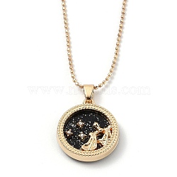 Alloy Rhinestone Pendant Necklaces, with Resin and Ball Chains, Flat Round with Constellation/Zodiac Sign, Golden, Black, Libra, 18.31 inch(46.5cm)(NJEW-H306-A04-G)