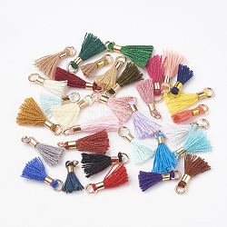 Polycotton(Polyester Cotton) Tassel Pendant Decorations, for DIY Jewelry Making, Mini Tassel, with Brass Findings, Light Gold, Mixed Color, 10~15x3~4mm, Hole: 2mm(FIND-S275-G-M)
