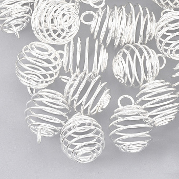 Iron Wire Pendants, Cage Pendants, Round, Silver Color Plated, 30x24mm, Hole: 5mm