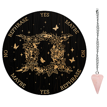 AHADERMAKER 1Pc Wood Pendulum Board, 1Pc 304 Stainless Steel Cable Chain Necklaces, 1Pc Natural Rose Quartz Stone Pendants, for Witchcraft Wiccan Altar Supplies, Flower Pattern, Board: 200x4mm