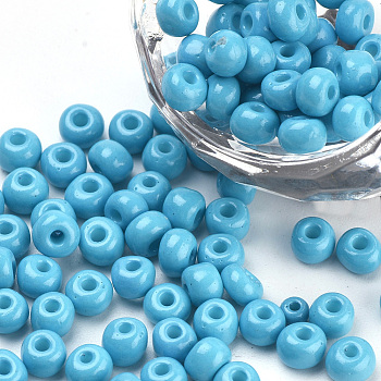 Baking Paint Glass Seed Beads, Round, Deep Sky Blue, 4~4.5x3mm, Hole: 1~1.2mm, about 4500pcs/bag, about 450g/bag
