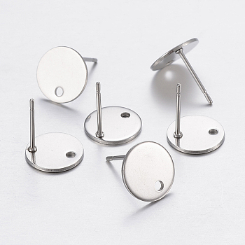 304 Stainless Steel Stud Earring Findings, with Loop and Flat Plate, Flat Round, Stainless Steel Color, 10x0.8mm, Hole: 1.2mm, Pin: 0.8mm
