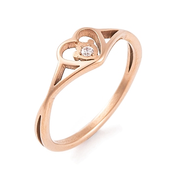 Heart 304 Stainless Steel Finger Ring foe Women, with Cubic Zirconia, Rose Gold, 6.5mm, US Size 6~9(16.5~18.9mm)