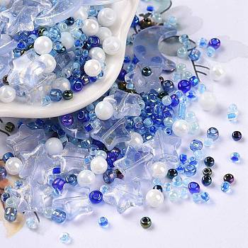 DIY Jewelry Making Finding Kit, Glass & Seed Beads, Round & Star & Moon, Blue, 2~16x2~12x3~7mm, Hole: 0.8~1.2mm