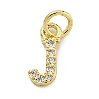 Initial Letter Brass with Cubic Zirconia Charms, Real 18K Gold Plated, Long-Lasting Plated, Lead Free & Cadmium Free, Letter J, 10.5x5x1.5mm, ring: 5x1mm, inner diameter: 3mm