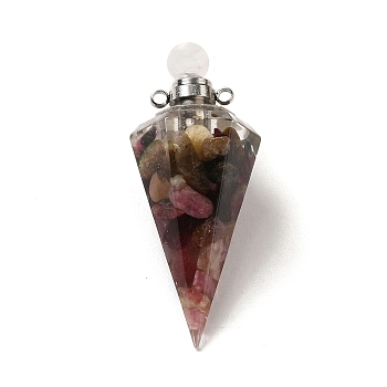 Natural Tourmaline Perfume Bottle Pendants, Resin Faceted Cone Charms with Platinum Plated Brass Screw Cap, 46.5~48x19~20x17~18mm, Hole: 1.8mm