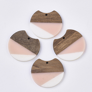 Two Tone Resin & Walnut Wood Pendants, Gap Flat Round, Misty Rose, 33~34x37x3~4mm, Hole: 1.8~2mm