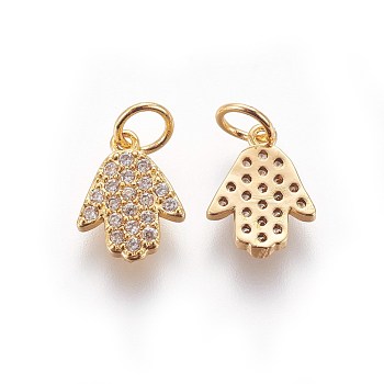 Brass Micro Pave Cubic Zirconia Charms, Hamsa Hand/Hand of Fatima/Hand of Miriam, Clear, Golden, 11.5x8.5x2mm, Hole: 3mm