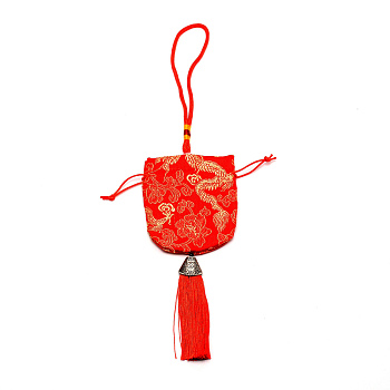 Brocade Packing Pouches, Vintage Scented Sachet Perfume Bag, with Tassel, Red, 330~335mm