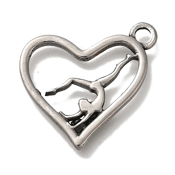 304 Stainless Steel Pendant, Heart with Women Gymnast Charm, Antique Silver, 23x23x2mm, Hole: 2.5mm