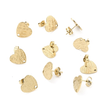 Ion Plating(IP) 304 Stainless Steel Stud Earring Findings, with Ear Nuts, Textured Heart, Real 18K Gold Plated, 12x13mm, Hole: 1.5mm, Pin: 0.7mm