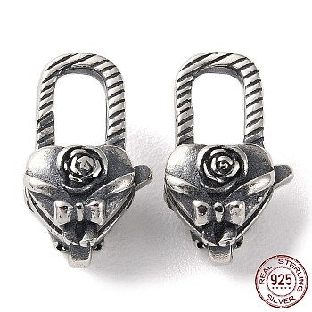 925 Thailand Sterling Silver Lobster Claw Clasps, Heart with Flower, with 925 Stamp, Antique Silver, 15x8.5x7.5mm, Hole: 1.5mm