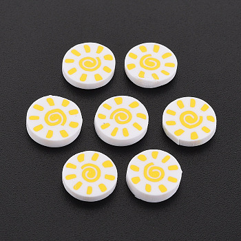Handmade Polymer Clay Cabochons, Flat Round with Sun, White, 8.5~9x2mm, about 275pcs/50g