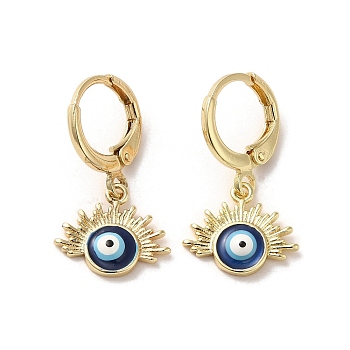 Evil Eye Real 18K Gold Plated Brass Dangle Leverback Earrings, with Enamel, Prussian Blue, 25x13.5mm