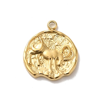 304 Stainless Steel Pendants, Textured Flat Round with Constellations Charm, Real 14K Gold Plated, Capricorn, 17.5x15.5x2mm, Hole: 1.8mm