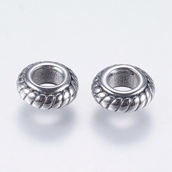 304 Stainless Steel European Beads, Large Hole Beads, Rondelle, Antique Silver, 8.5x3.5mm, Hole: 4mm