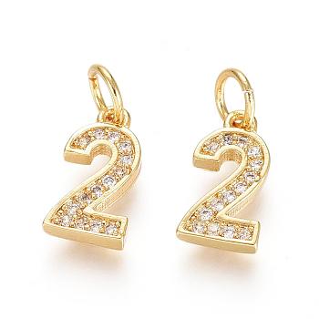 Brass Micro Pave Clear Cubic Zirconia Charms, with Jump Ring, Number, Golden, Num.2, 11.5x6x2mm, Hole: 3mm