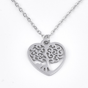 201 Stainless Steel Pendant Necklaces, with Cable Chains and Lobster Claw Clasps, Heart with Tree, Stainless Steel Color, 15.7 inch(40cm), 1.5mm, Pendant: 16x15~15.5x1mm