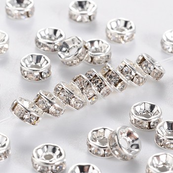 Brass Rhinestone Spacer Beads, Grade A, Crystal, Straight Flange, Rondelle, Silver Color Plated, 5x2.5mm, Hole: 1mm