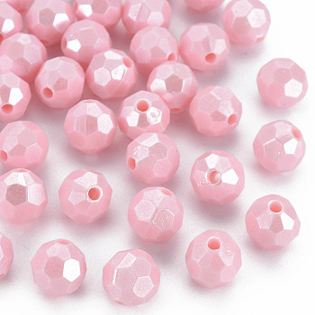 Opaque Acrylic Beads, Faceted, Round, Pink, 9.5mm, Hole: 2mm, about 1050pcs/500g