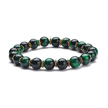 Natural Tiger Eye Round Beads Stretch Bracelet, Stone Bracelet with Alloy Daisy Spacer Beads for Women, Golden, Green, Inner Diameter: 2 inch(5.2cm)