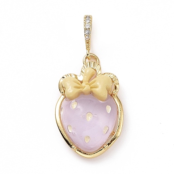 Opaque Resin Pendants, Strawberry Charm, with Brass Micro Pave Clear Cubic Zirconia Findings, Cadmium Free & Lead Free, Real 18K Gold Plated, Plum, 27.5x19.5x10mm, Hole: 4.5x7mm