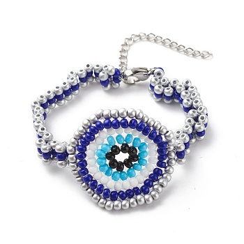 Glass Seed Braided Evil Eye Link Bracelet for Women, Stainless Steel Color, 7-1/4 inch(18.5cm)