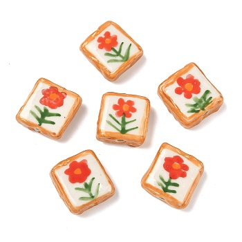 Handmade Porcelain Beads, Hand Painted Ceramic Beads, Square with Flower, with Enamel, Orange Red, 18~19x16~18x6~7mm, Hole: 1.2~1.8mm