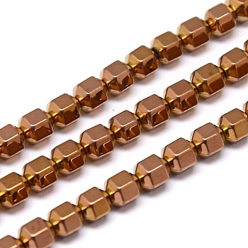 Electroplate Non-magnetic Synthetic Hematite Beads Strands, Hexagon, Copper Plated, 4x4mm, Hole: 1mm, about 97pce/strand, 15 inch