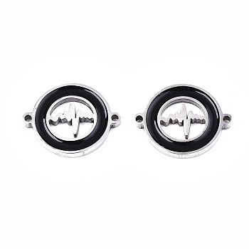 304 Stainless Steel Enamel Links Connectors, Laser Cut, Flat Round with Heartbeat, for Valentine's Day, Black, Stainless Steel Color, 14.5x18.5x2mm, Hole: 1.2mm
