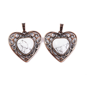 Natural Howlite Peach Love Heart Pendants, Rack Plating Brass Hollow Heart Charms, Cadmium Free & Lead Free, Red Copper, 29.5x30.5x7.5mm, Hole: 7.5x5mm