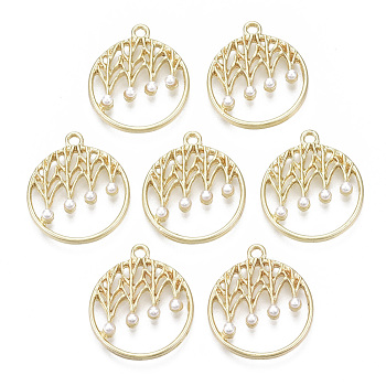 Alloy Pendants, with ABS Plastic Imitation Pearl, Flat Round, White, Light Gold, 21.5x18.5x3mm, Hole: 1.6mm