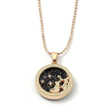 Alloy Rhinestone Pendant Necklaces, with Resin and Ball Chains, Flat Round with Constellation/Zodiac Sign, Golden, Black, Libra, 18.31 inch(46.5cm)