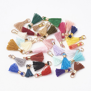 Polycotton(Polyester Cotton) Tassel Pendant Decorations, for DIY Jewelry Making, Mini Tassel, with Brass Findings, Light Gold, Mixed Color, 10~15x3~4mm, Hole: 2mm