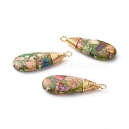 Natural Regalite/Imperial Jasper/Sea Sediment Jasper Pendants, with Real 18K Gold Plated Eco-Friendly Copper Wire, Teardrop, 41~41.5x15x6mm, Hole: 2~3mm(PALLOY-JF00874)