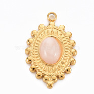 304 Stainless Steel Pendants, with Natural Jade, Oval, Pink, 23.5x15x4~5mm, Hole: 1.8mm(STAS-N087-42I)