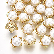 ABS Plastic Imitation Pearl Charms, with Brass Findings, Flower, Real 18K Gold Plated, 11x10x11mm, Hole: 0.8mm(KK-T035-138)